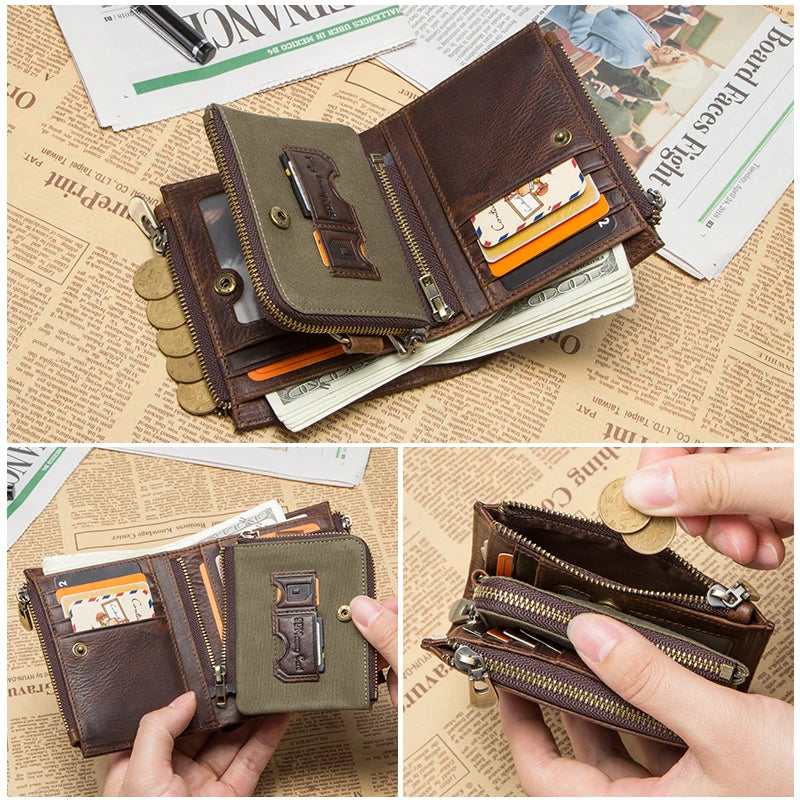 100% Genuine Leather RFID Men’s Wallet with Zipper, Large Capacity Coin Purse and Card Holder