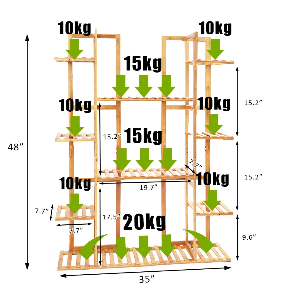 9-Tier Bamboo Plant Stand Rack Holds 17 Flowerpots, Indoor/Outdoor Display Shelf