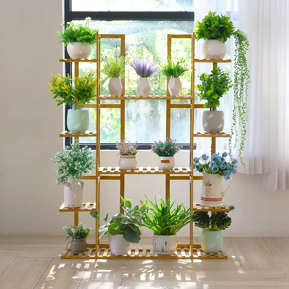 9-Tier Bamboo Plant Stand Rack Holds 17 Flowerpots, Indoor/Outdoor Display Shelf