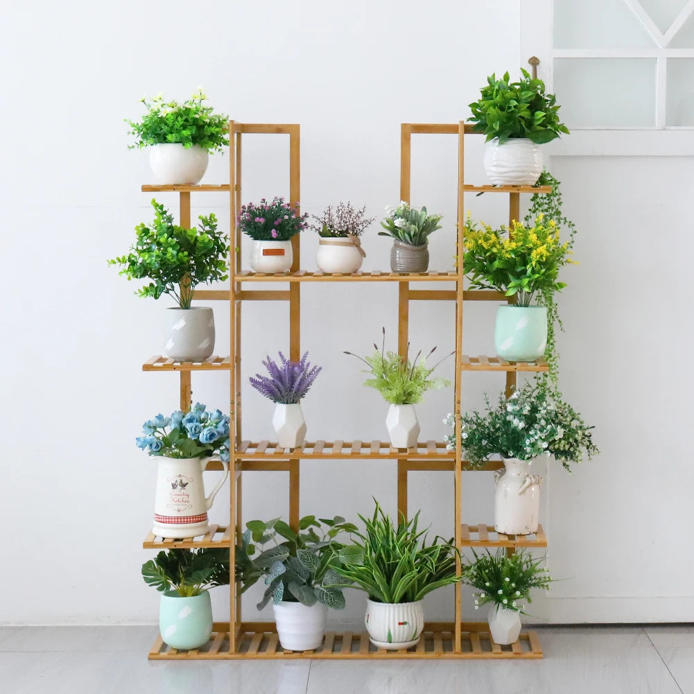 9-Tier Bamboo Plant Stand Rack Holds 17 Flowerpots, Indoor/Outdoor Display Shelf