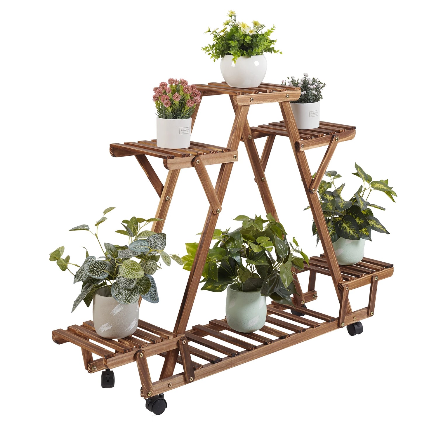 Triangular 6-Tier Wooden Plant Stand with Wheels for Garden & Indoor Use