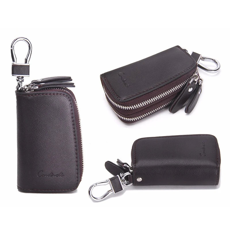 Double Zipper Genuine Cow Leather Car Key Holder - Multifunctional Key Wallet