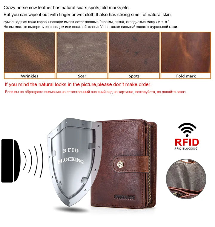 Men's Genuine Leather RFID Wallet - Vintage Short Wallet with Zipper Coin Pocket