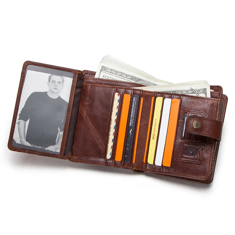 Men's Genuine Leather RFID Wallet - Vintage Short Wallet with Zipper Coin Pocket