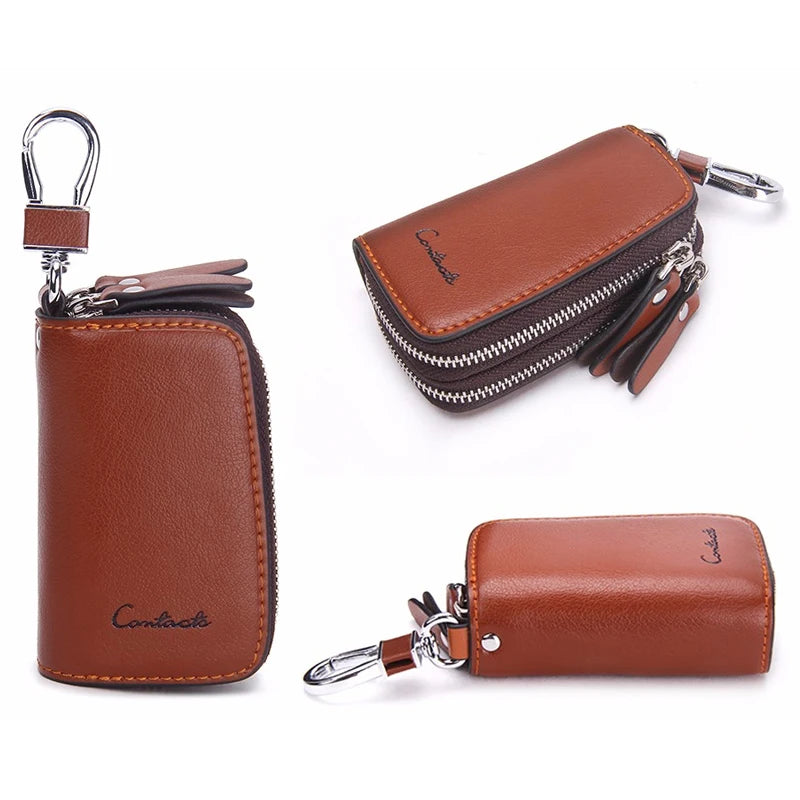 Double Zipper Genuine Cow Leather Car Key Holder - Multifunctional Key Wallet