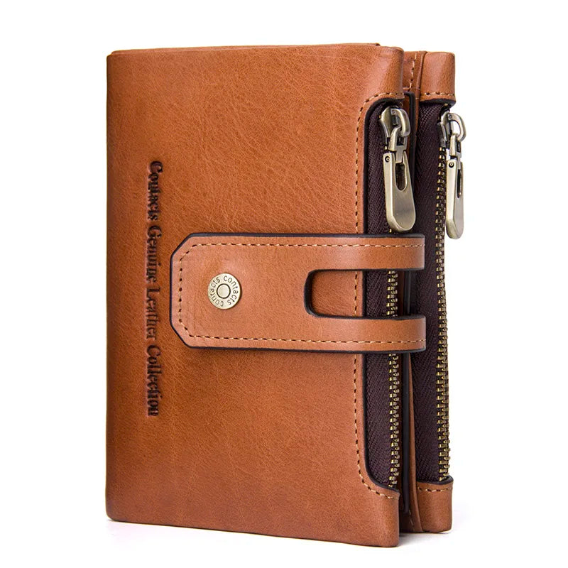 Men's Genuine Leather Small Zipper Wallet - RFID Coin Purse & Card Holder