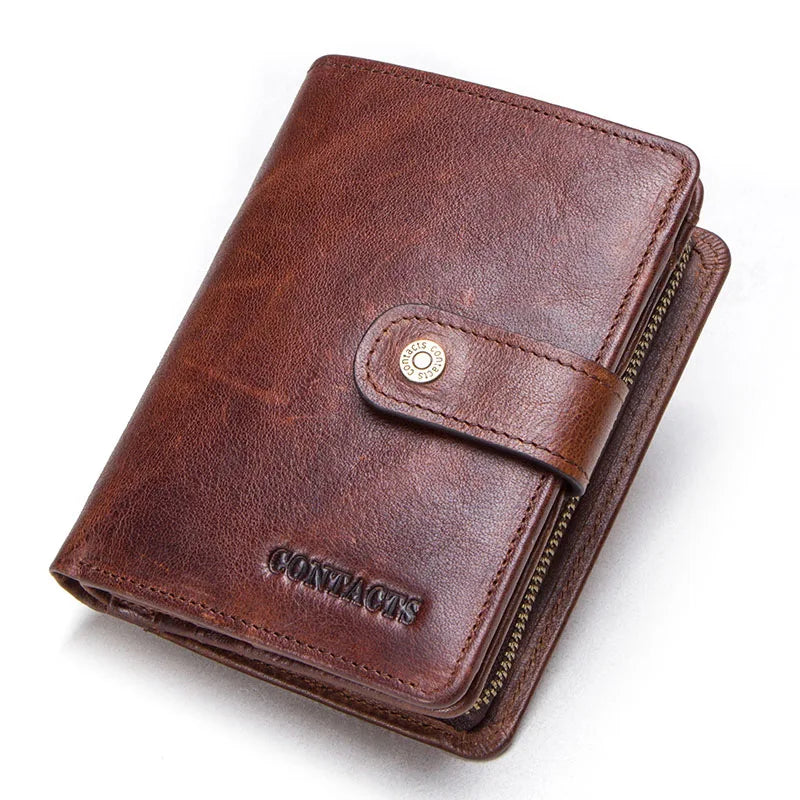 Men's Genuine Leather RFID Wallet - Vintage Short Wallet with Zipper Coin Pocket