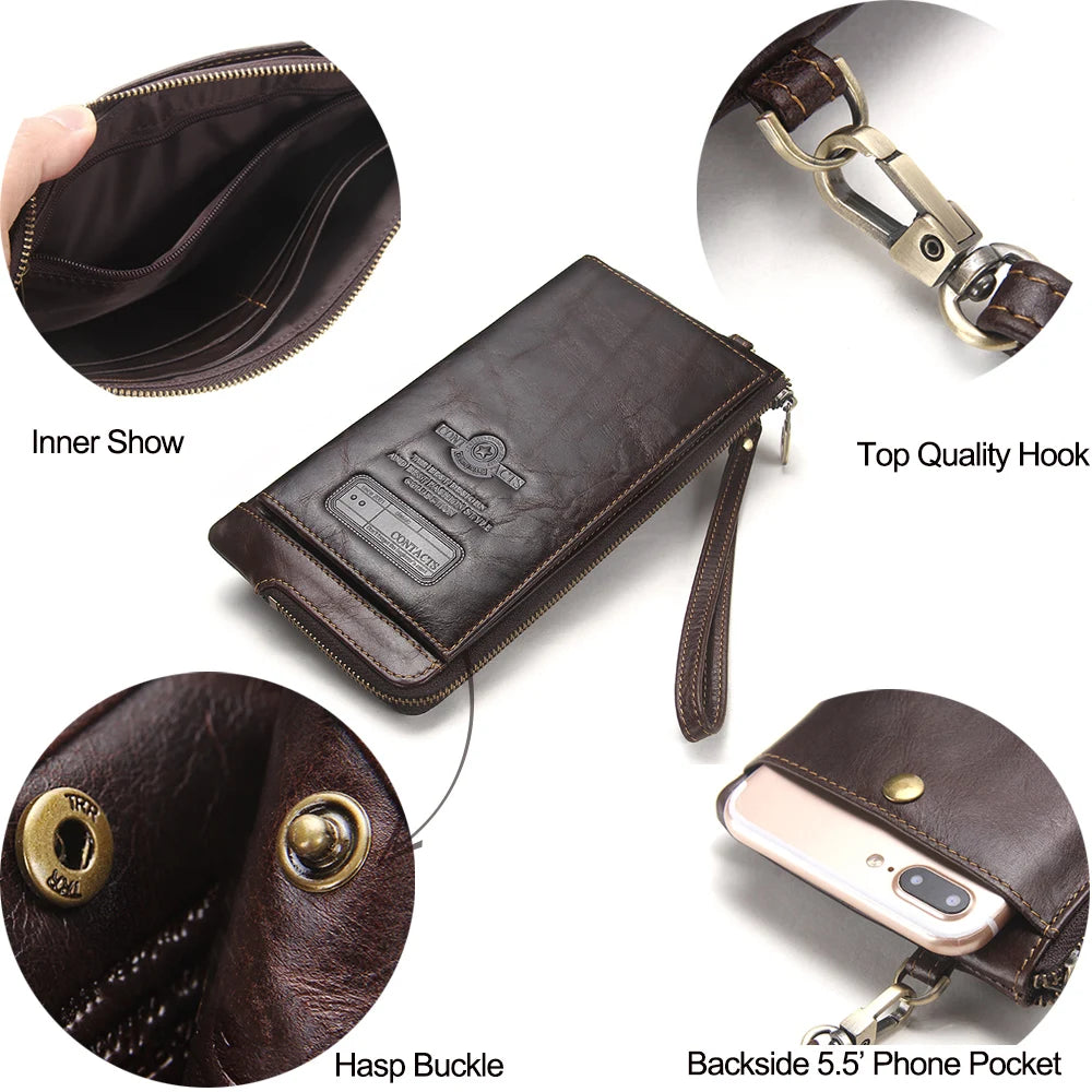 Men's Genuine Leather Wristlet Bag - RFID Clutch Wallet with Card & Phone Holder