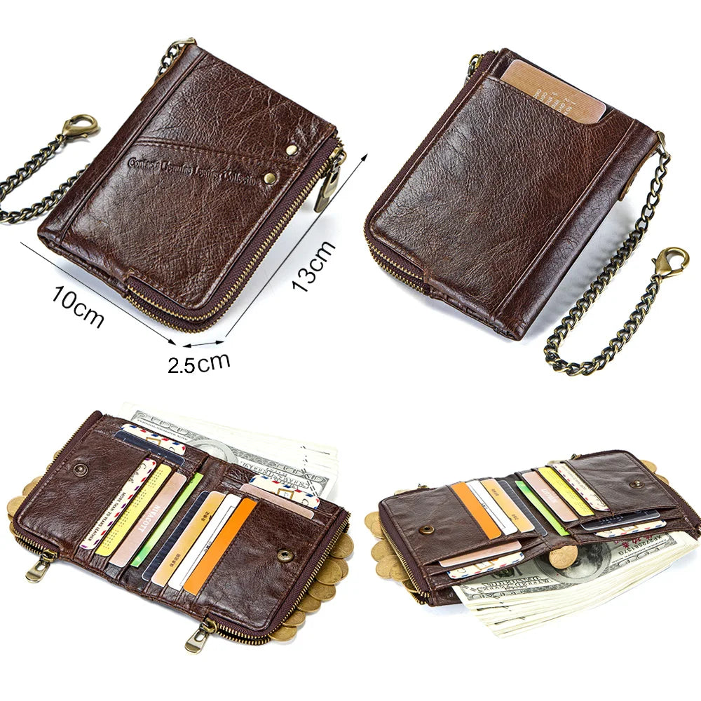 Men's Genuine Leather RFID Wallet - Short Zipper Coin Purse & Card Holder