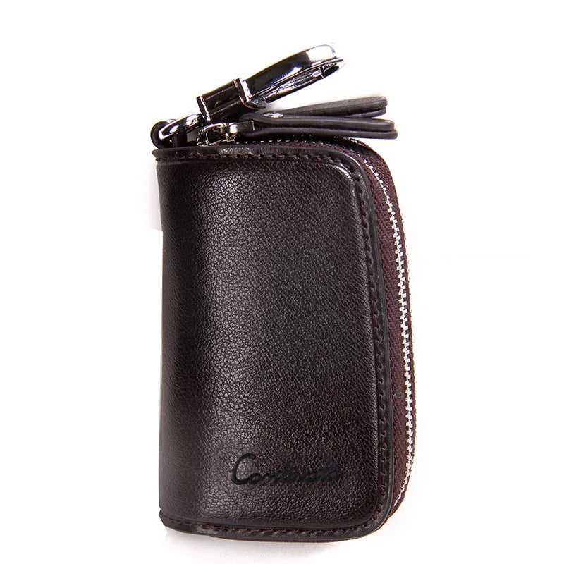 Double Zipper Genuine Cow Leather Car Key Holder - Multifunctional Key Wallet