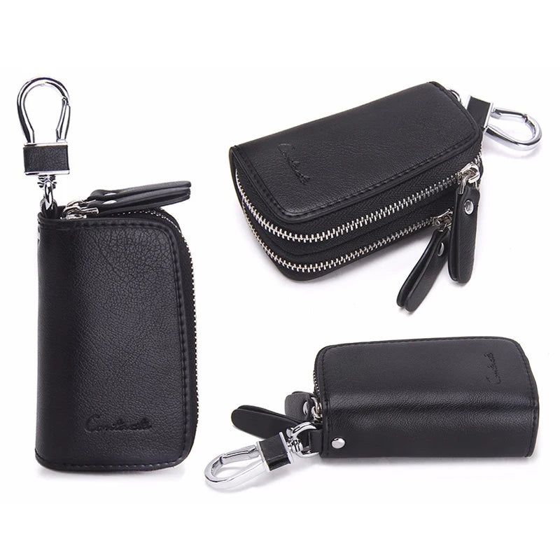 Double Zipper Genuine Cow Leather Car Key Holder - Multifunctional Key Wallet