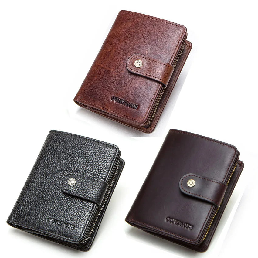 Men's Genuine Leather RFID Wallet - Vintage Short Wallet with Zipper Coin Pocket