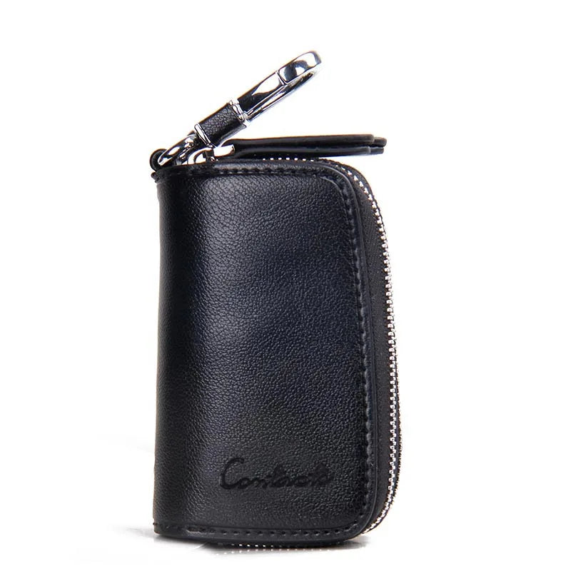 Double Zipper Genuine Cow Leather Car Key Holder - Multifunctional Key Wallet