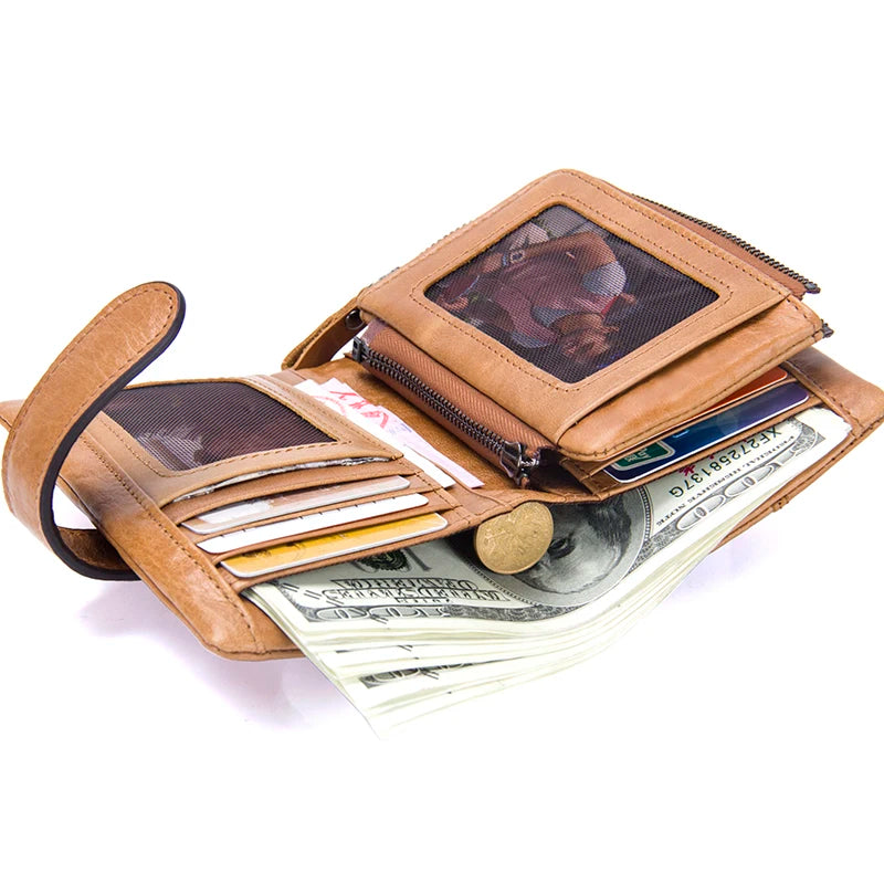 100% Genuine Leather Men's Wallet with Coin Pouch, Card Holder, and Zipper Closure