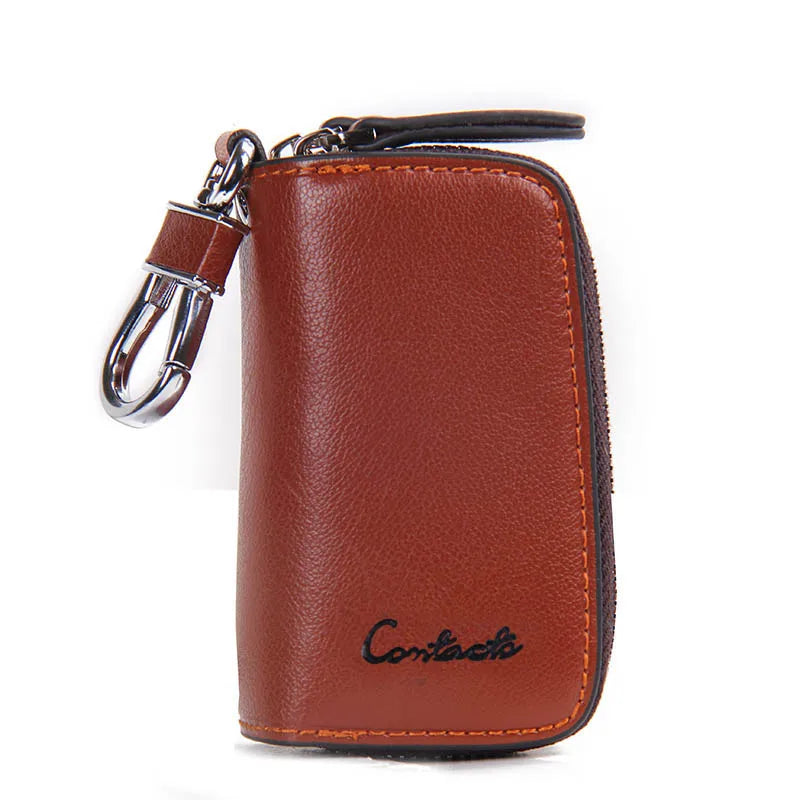 Double Zipper Genuine Cow Leather Car Key Holder - Multifunctional Key Wallet