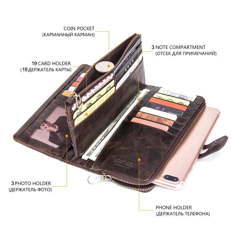 Unisex Genuine Leather Long Wallet RFID Clutch Organizer with Coin & Card Holder