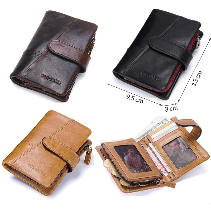 100% Genuine Leather Men's Wallet with Coin Pouch, Card Holder, and Zipper Closure