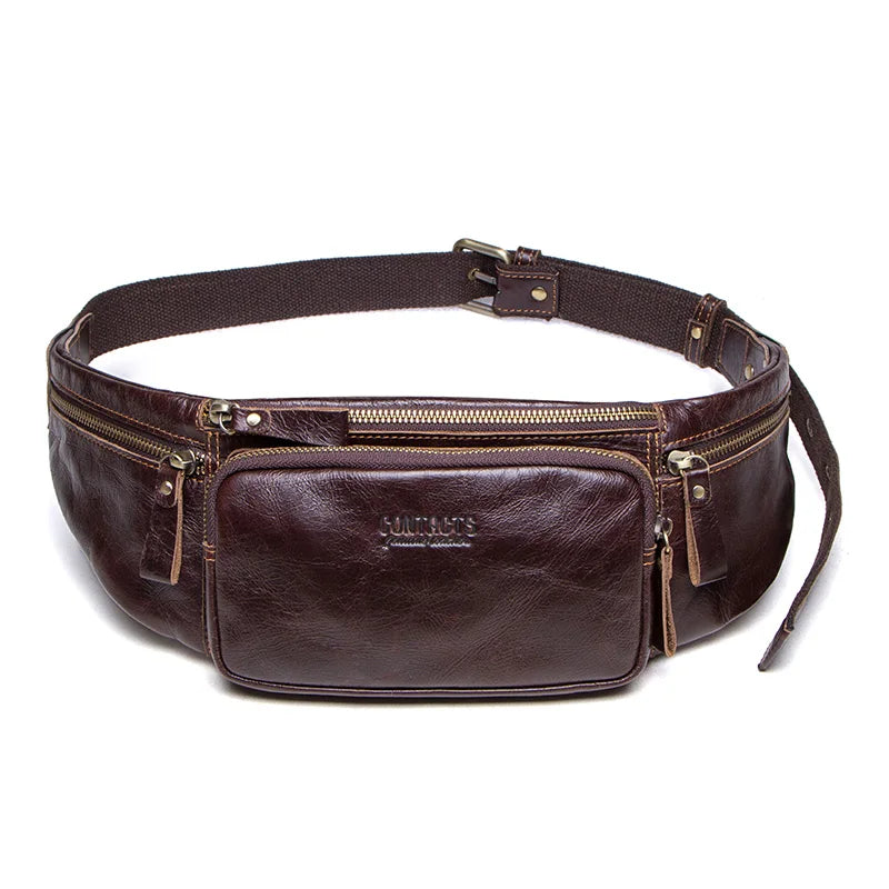 Men's Genuine Cowhide Leather Waist Bag - Casual Fanny Pack for Travel & Phone