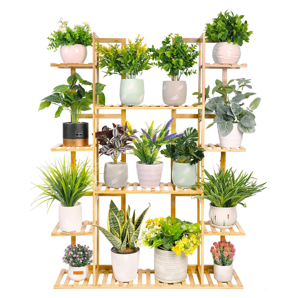 9-Tier Bamboo Plant Stand Rack Holds 17 Flowerpots, Indoor/Outdoor Display Shelf