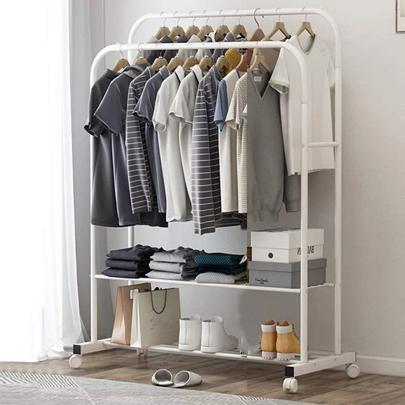 1.5m Double Rail Rolling Clothes Rack with Shelves & Wheels for Storage