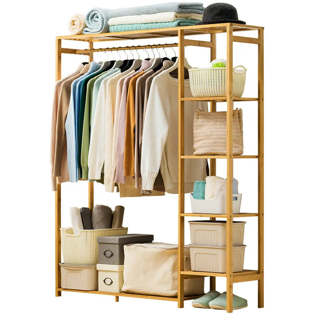 Bamboo Clothing Rack with Shelves & Dustproof Curtain for Kids & Adults