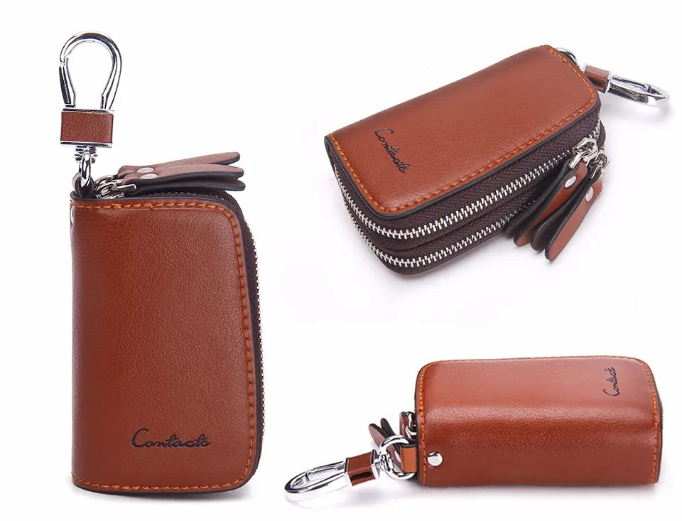 Double Zipper Genuine Cow Leather Car Key Holder - Multifunctional Key Wallet