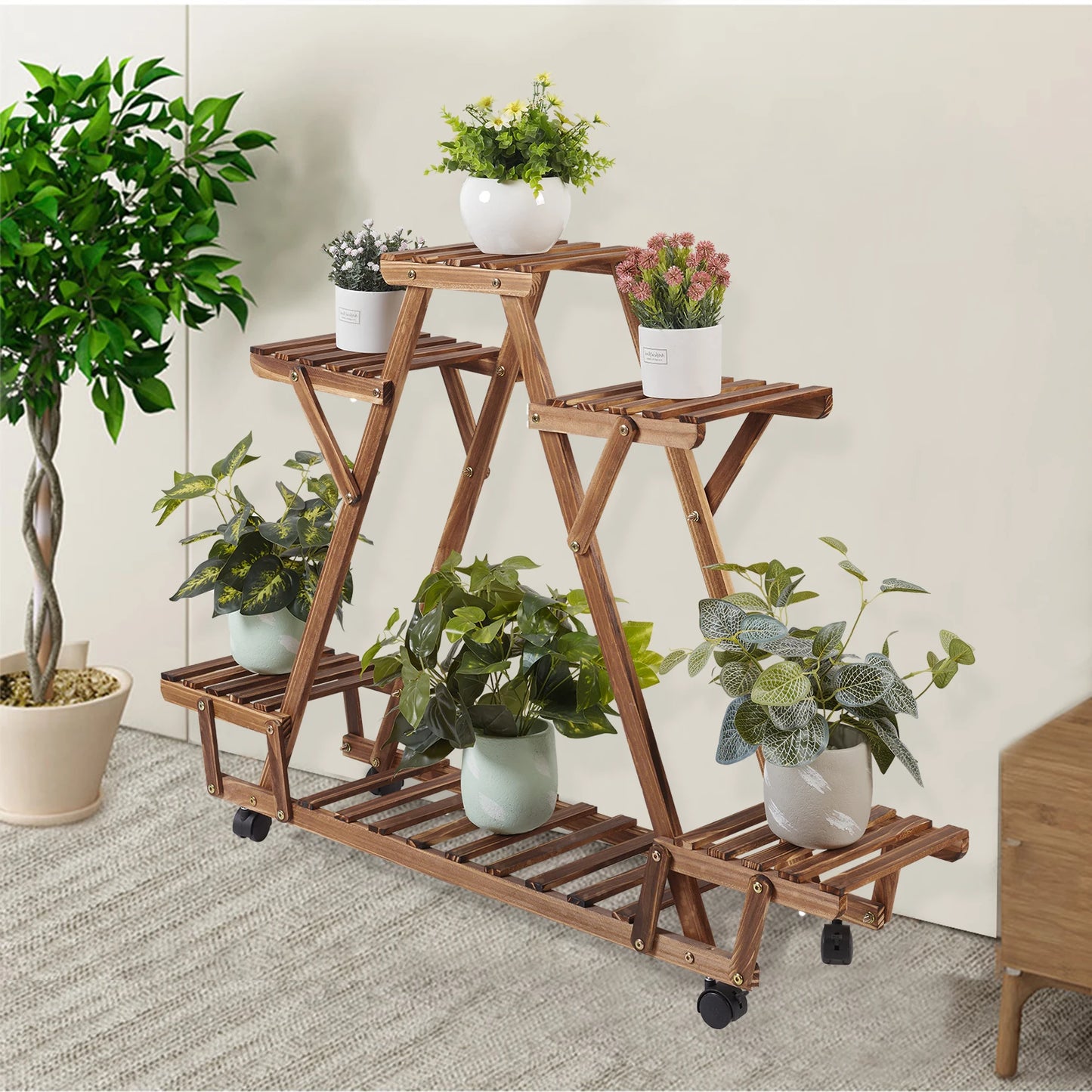 Triangular 6-Tier Wooden Plant Stand with Wheels for Garden & Indoor Use