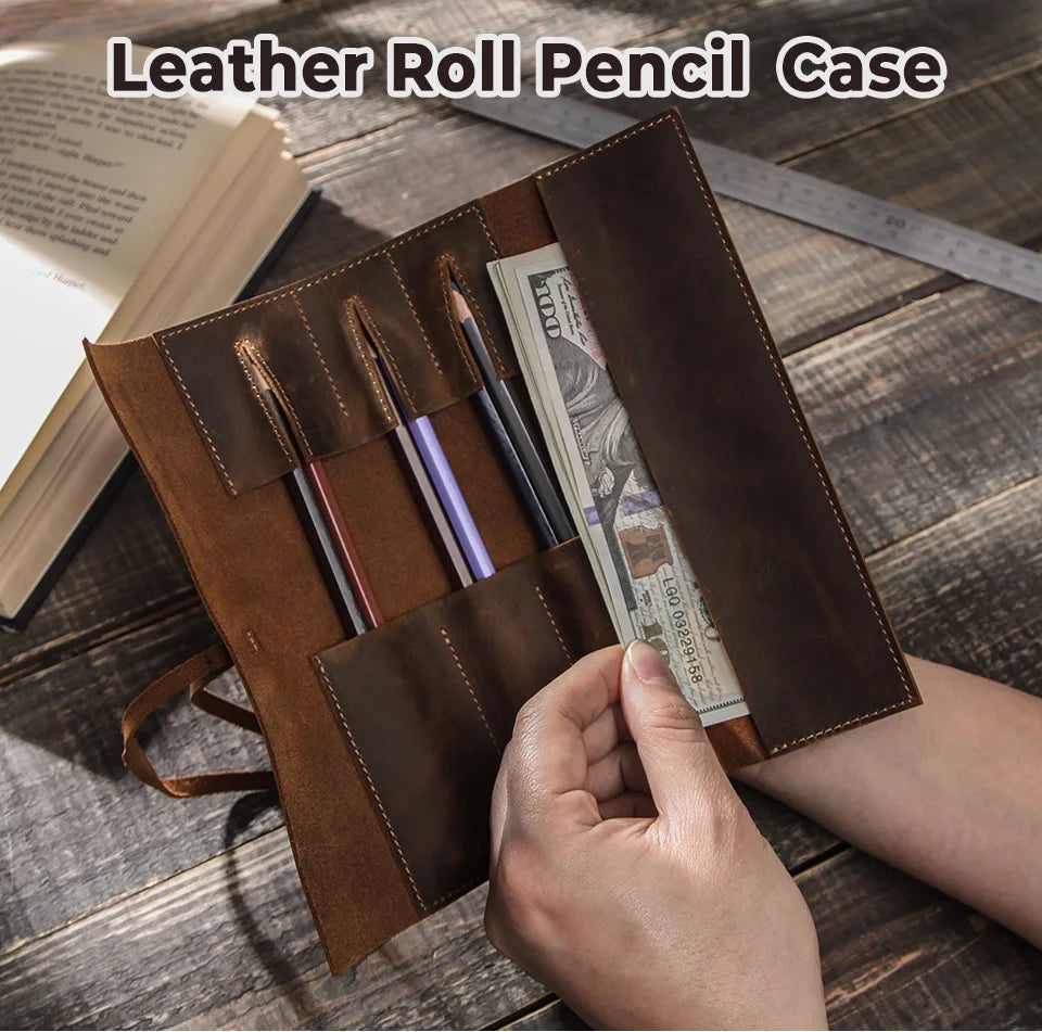 Genuine Leather Retro Pencil Roll-Up Bag Holder for School Supplies & Stationery