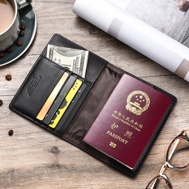 Slim Leather Passport and Card Holder and Cover ID Wallet - Genuine Cow Leather, Vintage Style