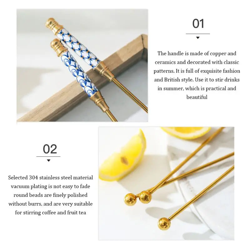 Gold-Plated Stainless Steel Stirring Rod with Ceramic Handle - Coffee & Cocktail