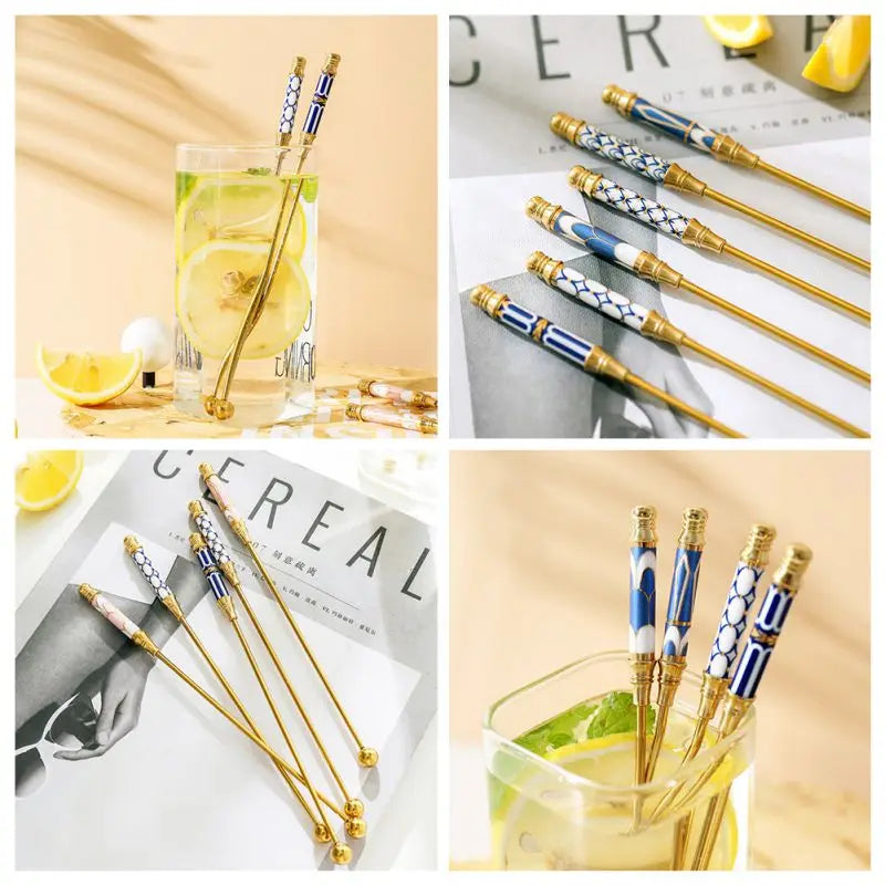 Gold-Plated Stainless Steel Stirring Rod with Ceramic Handle - Coffee & Cocktail