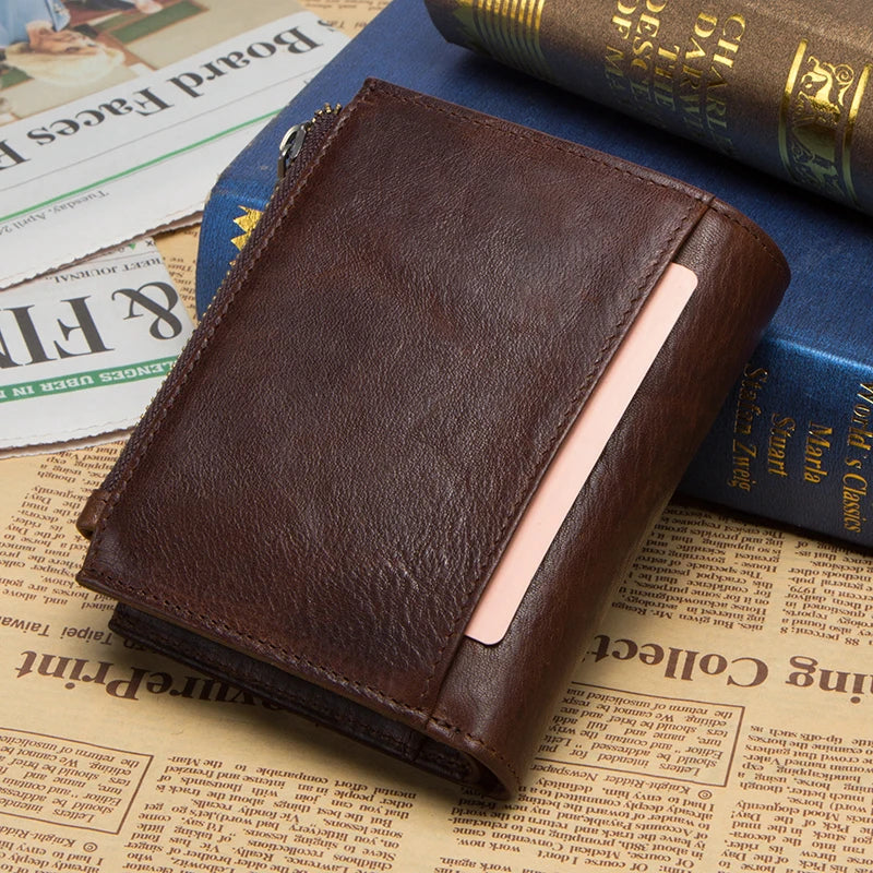 100% Genuine Leather RFID Men’s Wallet with Zipper, Large Capacity Coin Purse and Card Holder