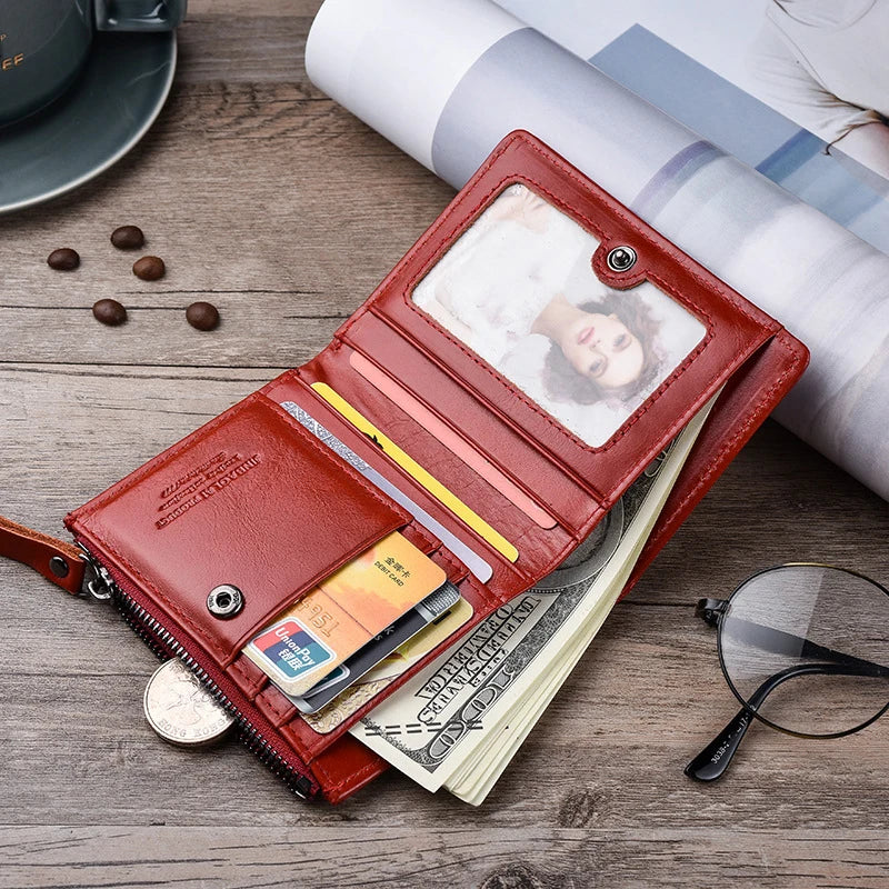 Slim Genuine Leather Credit Card Holder ID Wallet with Zipper, Vintage Style