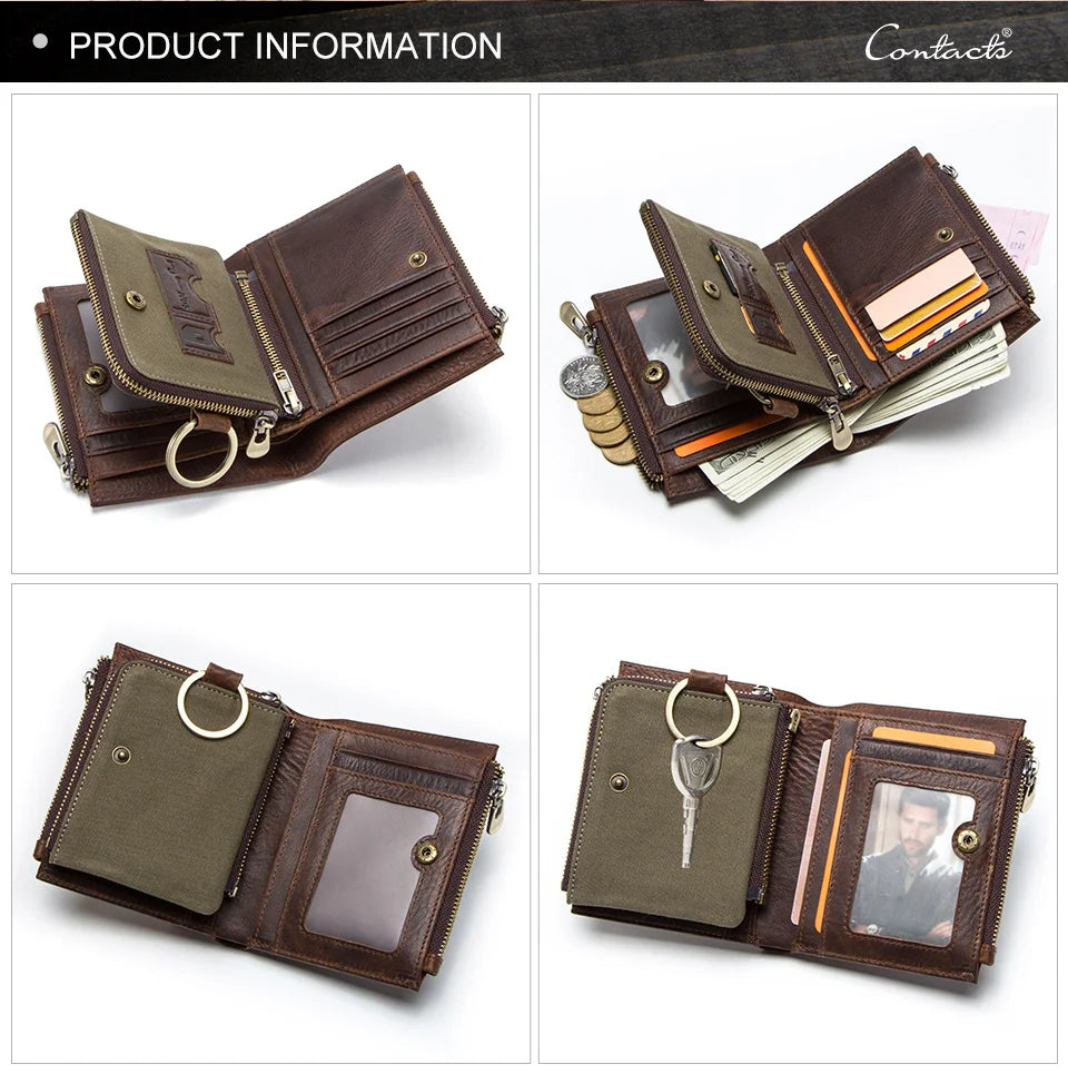 100% Genuine Leather RFID Men’s Wallet with Zipper, Large Capacity Coin Purse and Card Holder