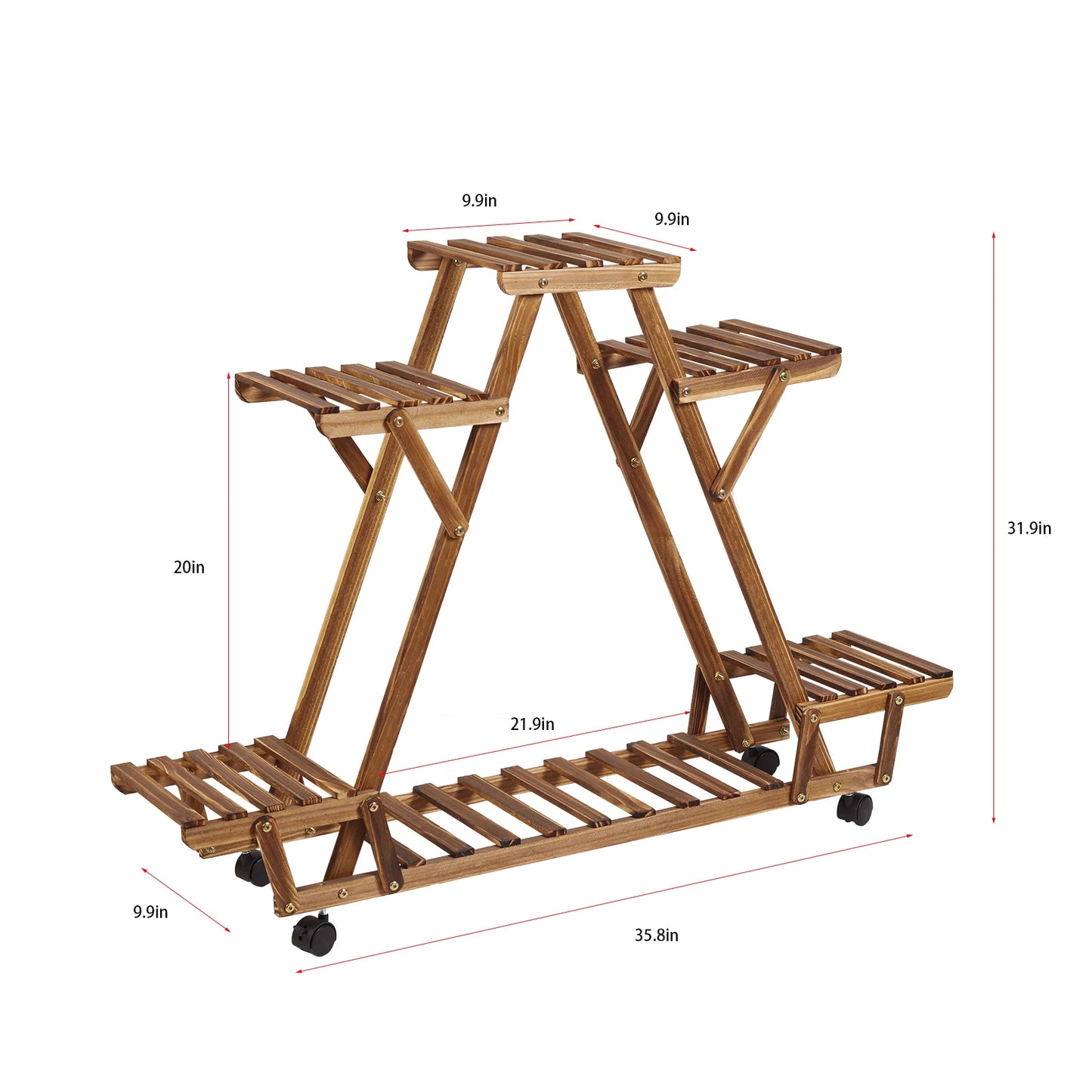 Triangular 6-Tier Wooden Plant Stand with Wheels for Garden & Indoor Use