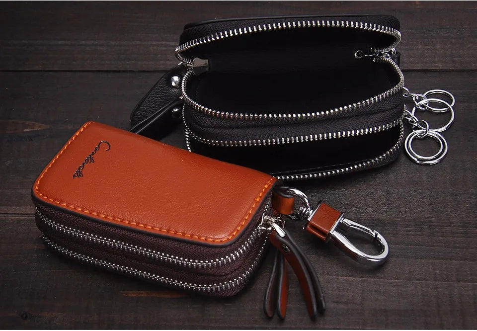 Double Zipper Genuine Cow Leather Car Key Holder - Multifunctional Key Wallet