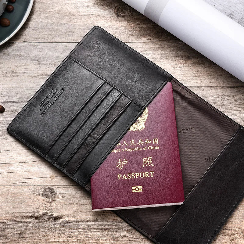 Slim Leather Passport and Card Holder and Cover ID Wallet - Genuine Cow Leather, Vintage Style