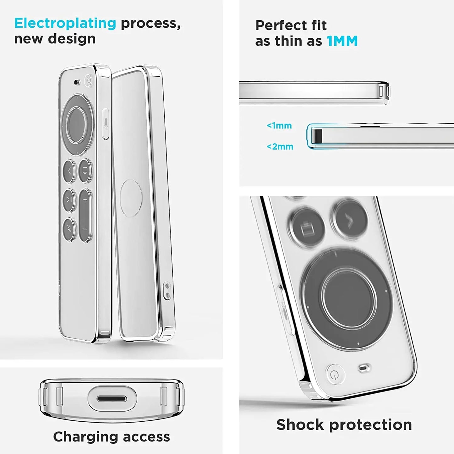 Clear TPU Case for Apple TV 4K 2021 Remote, Drop & Scratch Protection with Silver Edge