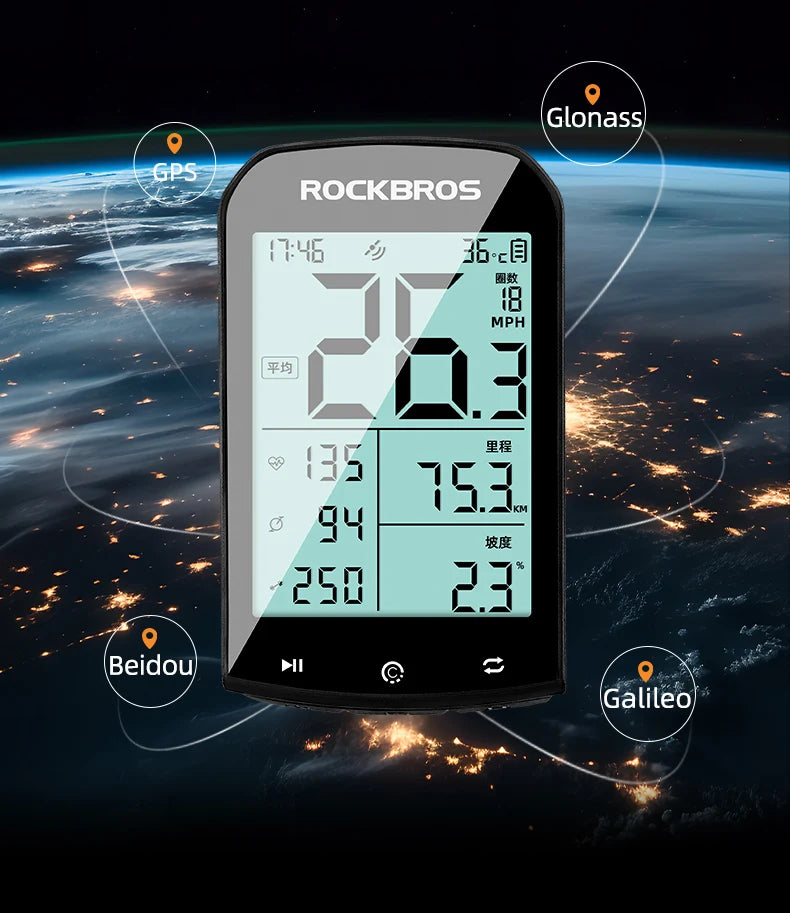 GPS Bike Computer, Bluetooth ANT+, Waterproof Wireless Speedometer