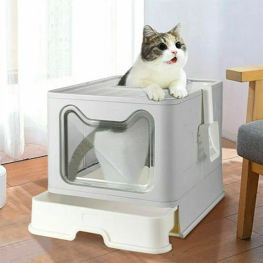 Front Entry Top Exit Cat Litter Box with Lid - Foldable Large Kitty Litter Box