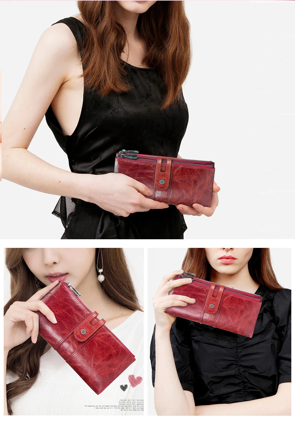 Women's Genuine Leather Long Clutch Wallet - Card Holder, Coin Purse, Money Bag