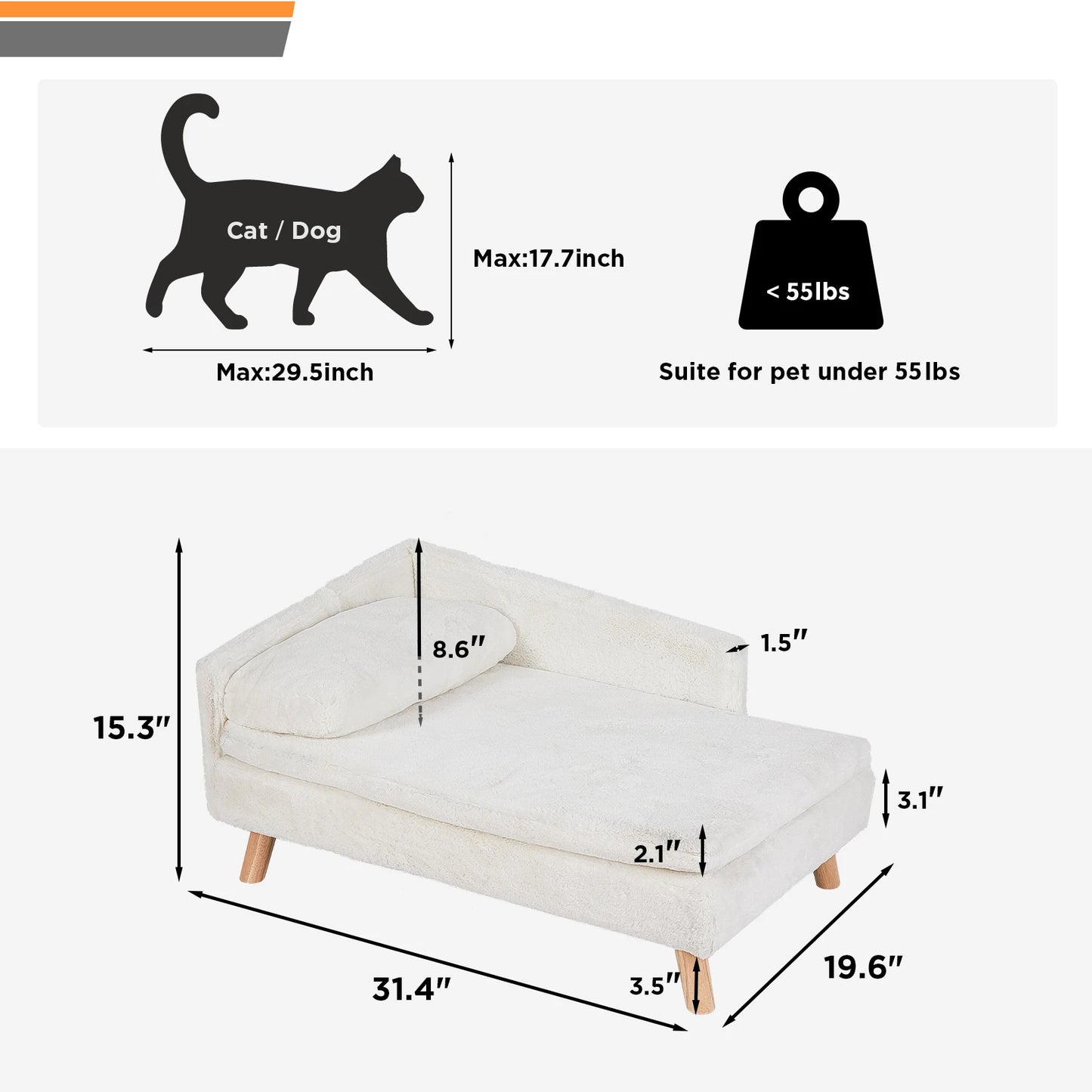 Elevated Pet Sofa Bed with Waterproof Cushion and Sturdy Wood Legs for Small Pets