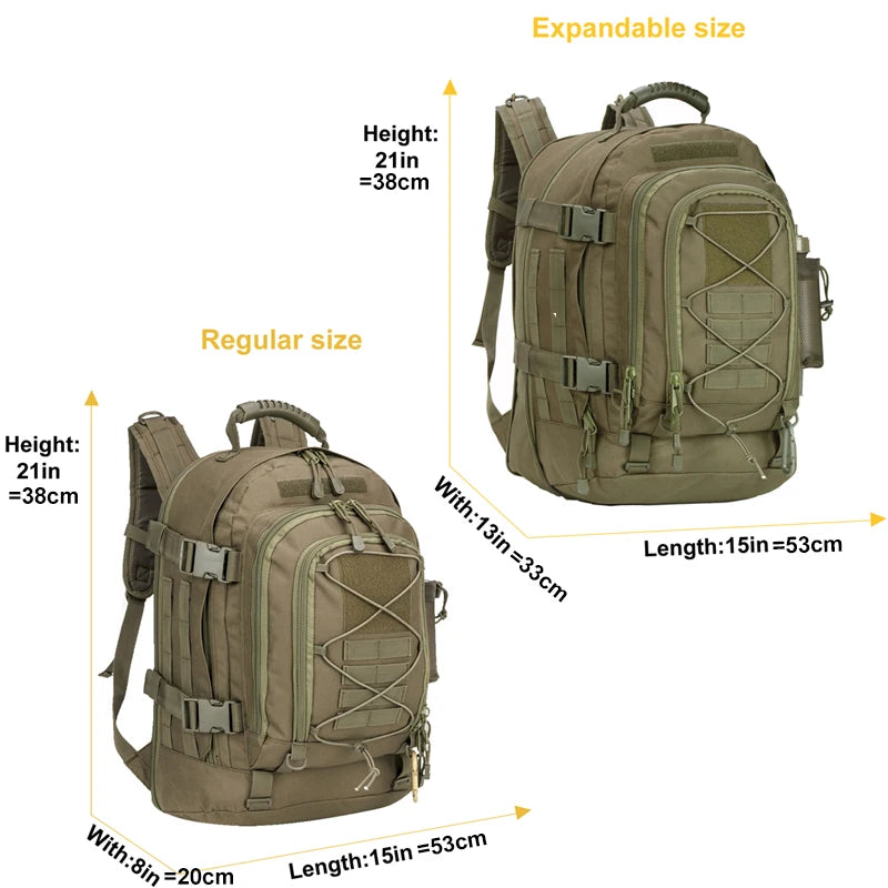 60L Tactical Backpack – Expandable Hiking Camping Rucksack for Travel & Army Use