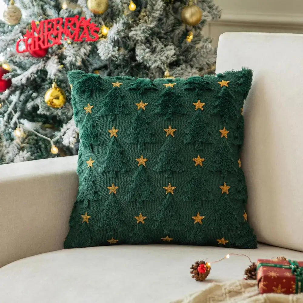 Christmas Cushion Covers Set of 2, 18x18 Inches, Green Tree with Golden Star