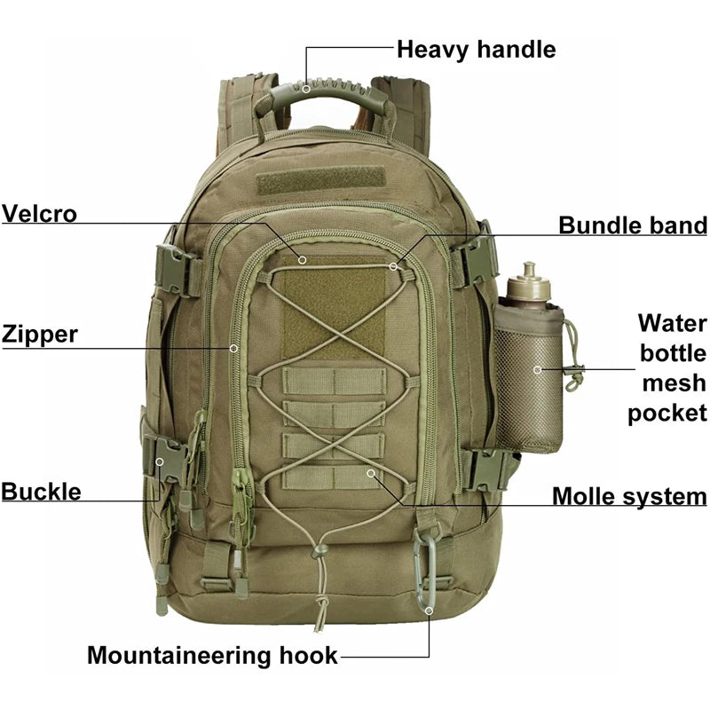 60L Tactical Backpack – Expandable Hiking Camping Rucksack for Travel & Army Use