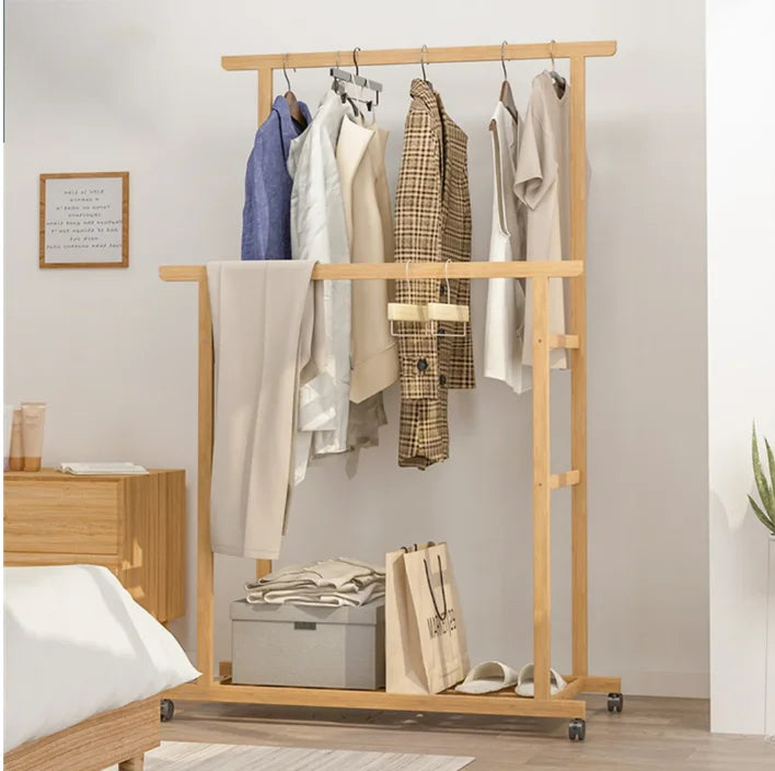 Bamboo Clothes Rack with Double Hanging Rails and Wheels for Bedroom & Entryway