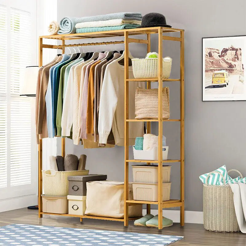 Bamboo Clothing Rack with Shelves & Dustproof Curtain for Kids & Adults