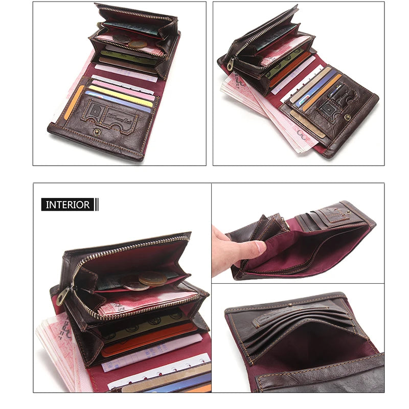 Men's Genuine Leather Bifold Wallet RFID Blocking, Zipper Coin Purse Card Holder