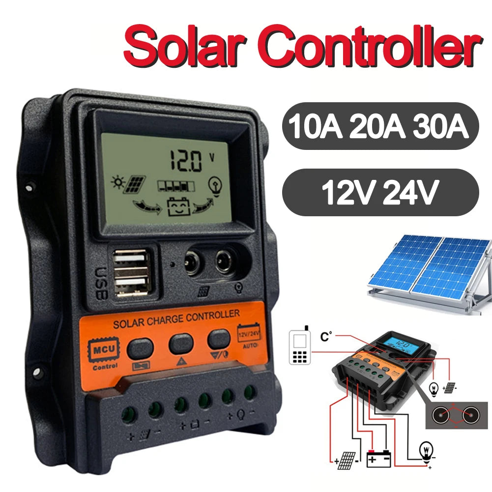 Solar Charge Controller 10A/20A/30A 12V/24V PWM Regulator with LCD Display