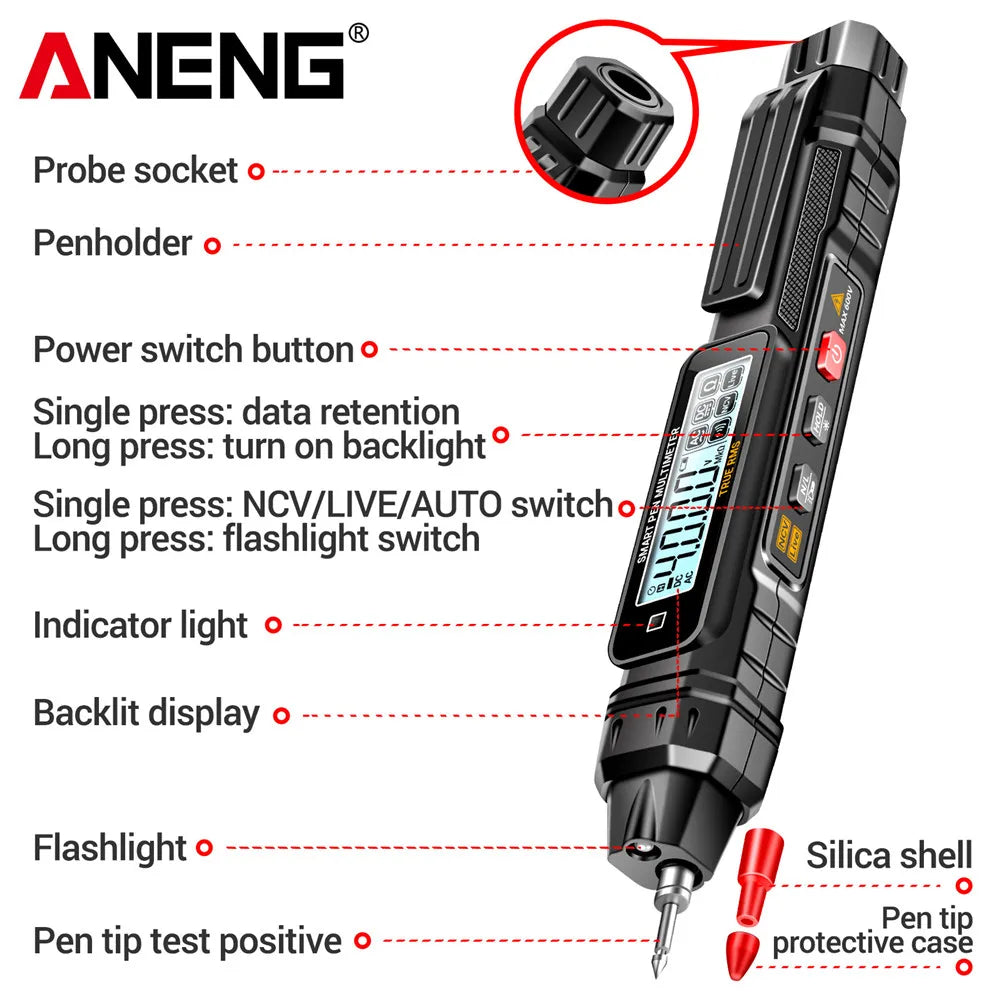 Digital Pen Multimeter 4000 Counts – Voltage, Resistance, NCV Tester with Torch